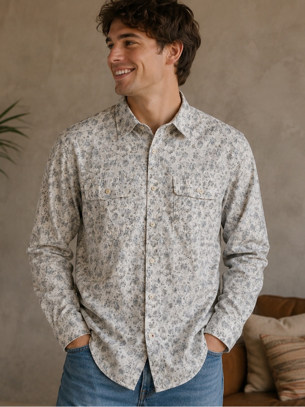 Daniel Cremieux Classics Small Floral Print Shirt Long Sleeve Mens Size M Cotton